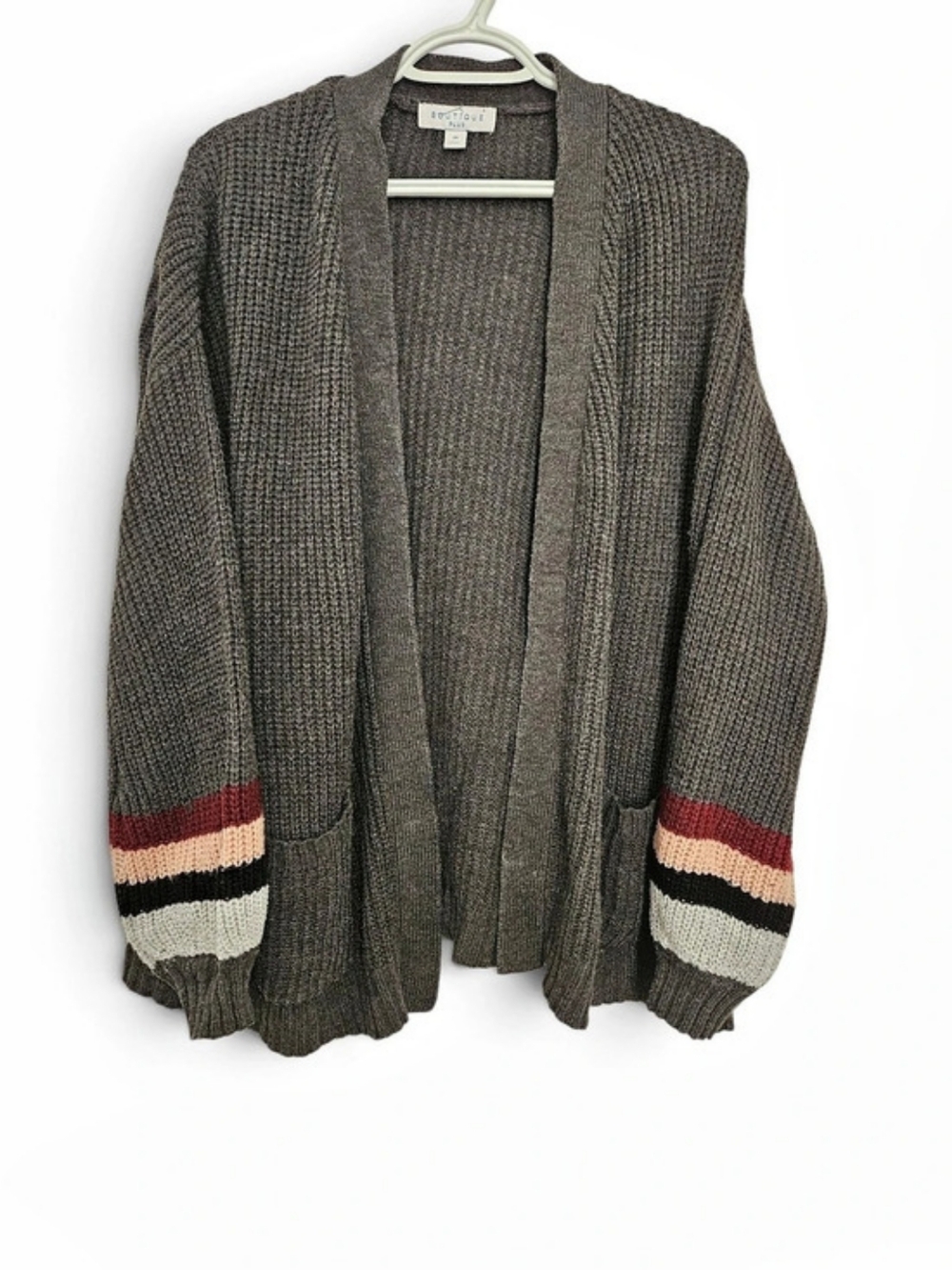Boutique Plus 2X Gray Knit Cardigan Striped Cuff Open Front Pockets Grandmacore